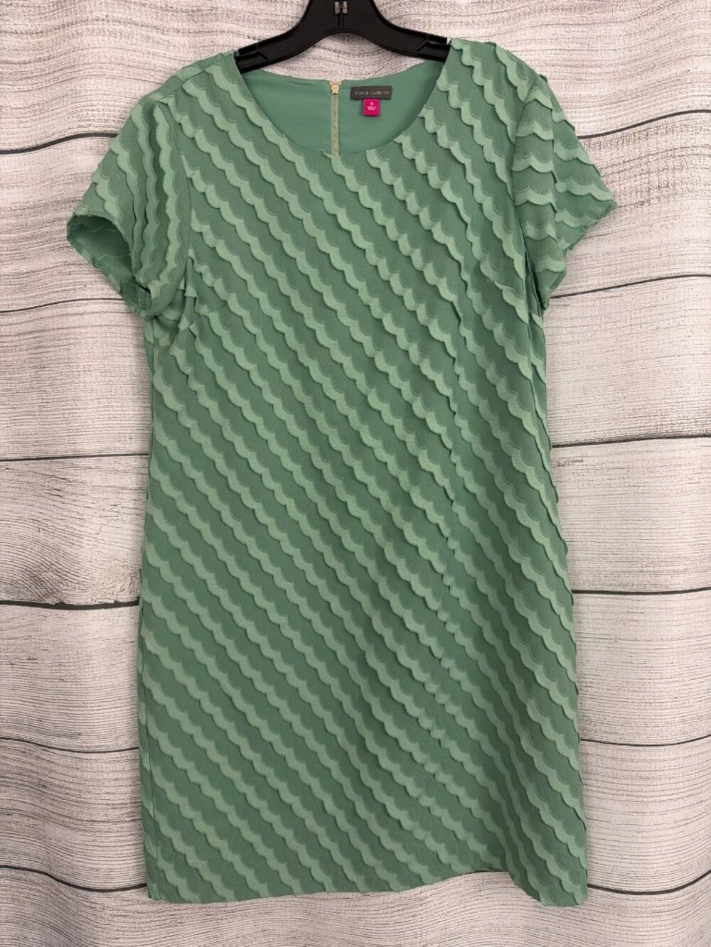 Vince Camuto Green Scallop Textured Short-Sleeve Shift Dress Size 12